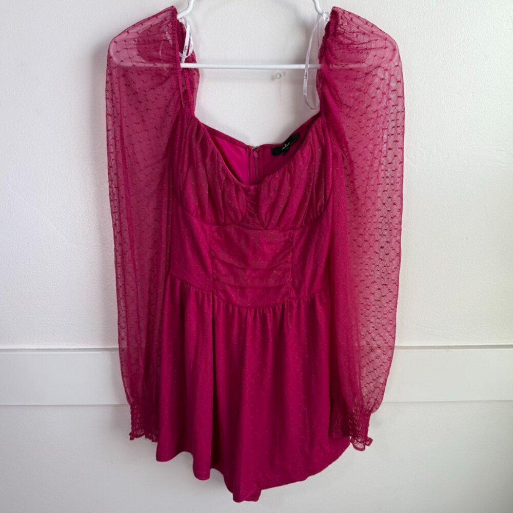 NWOT LULUS Magenta Pink Flirty Fashionista Mesh Bustier Long Sleeve Romper - Picture 3 of 11